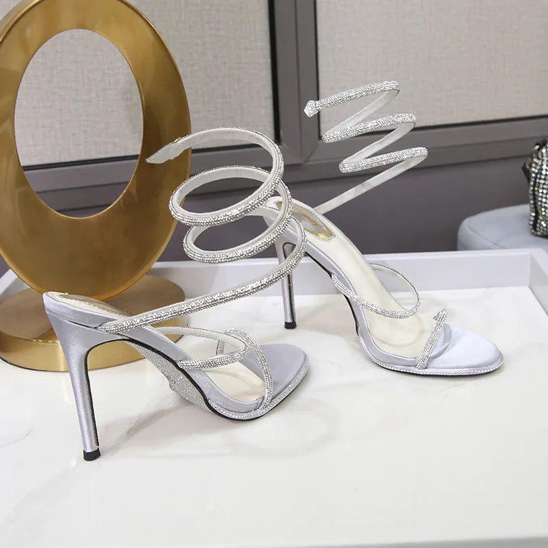 Fashion Summer Snake Twine Around Crystal Women Sandals Luxury Rhinestones Thin High heels Gladiator Sandals  Party Prom Shoes Pi-Mart