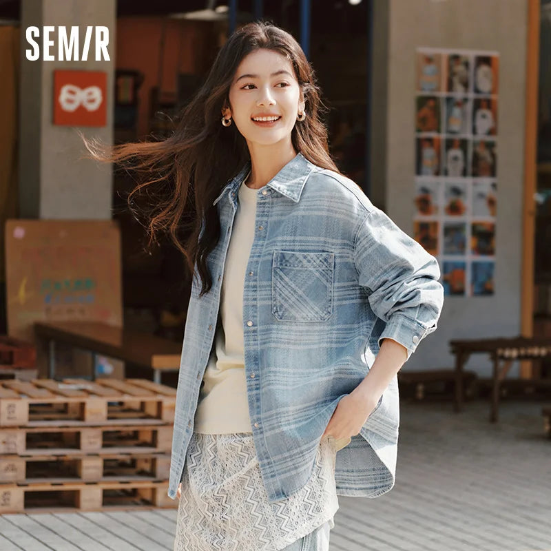 Semir Denim Shirt Women Oversize Spring 2025 New Spring Checkered Blouse Plaid Jacket LadyShow.Store