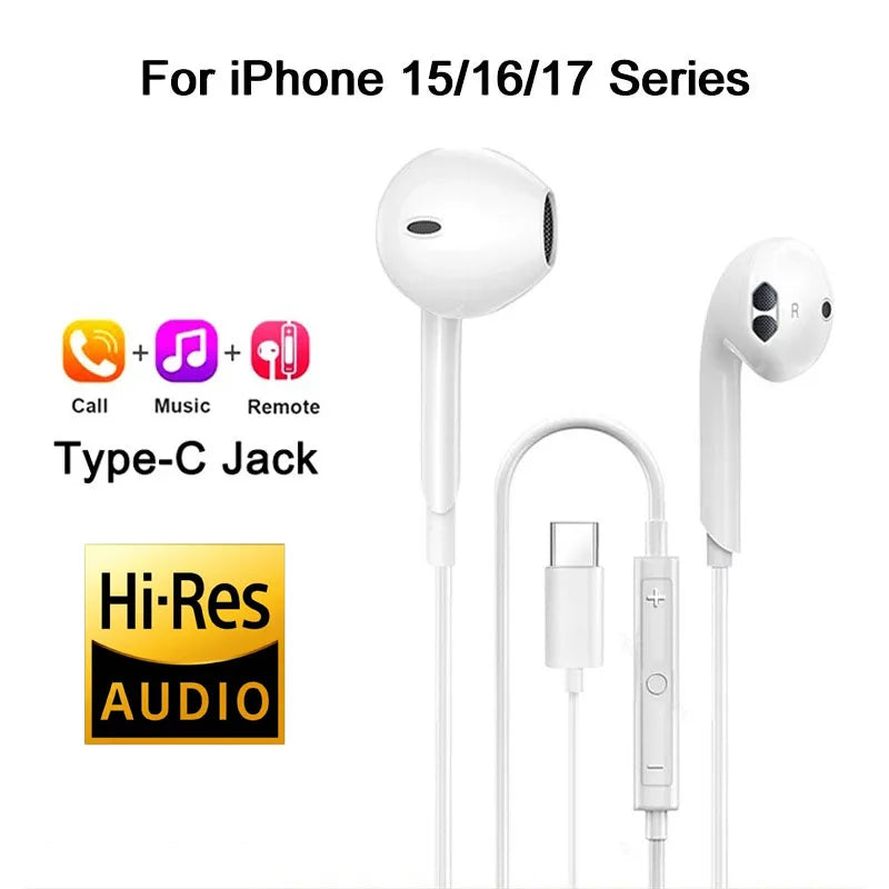Original In-Ear Headphones For Apple iPad iPhone 15 17 14 13 12 11 16 Pro Max Plus Type C Wired Earphones Laptops Tablet Earbuds LadyShow.Store