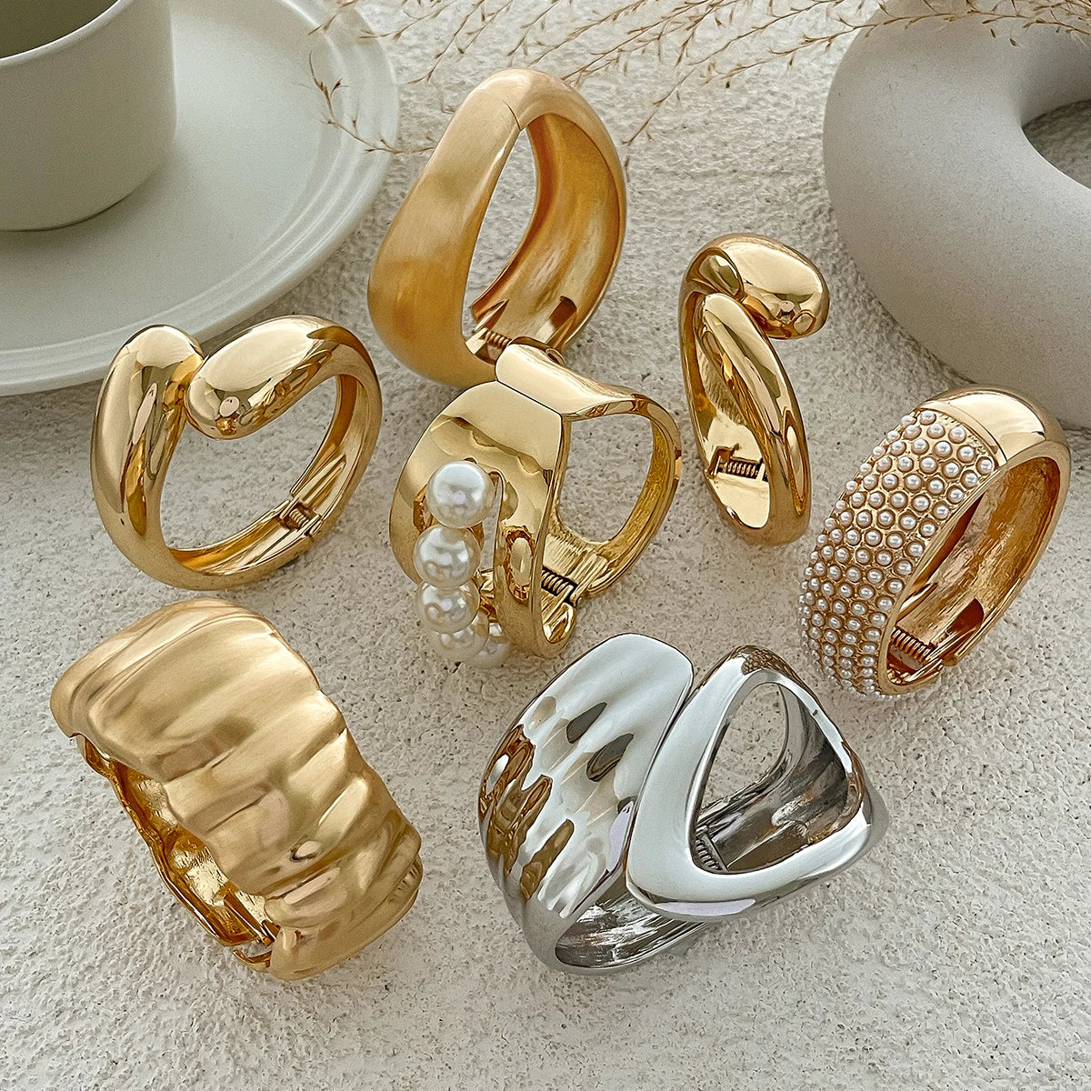SHIXIN Design Geometric Water Drop Gold Color Wide Spring Bangles for Women Elegant Imitation Pearl Cuff Bracelets New Jewelry Pi-Mart