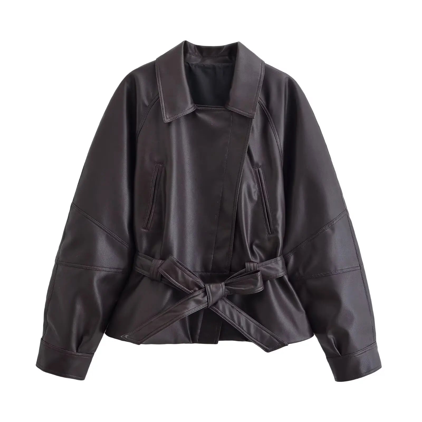 HH Women Fashion Black Short Faux Leather Trench Coat Long Sleeve Lapel Jacket With Belt Vintage Lady Motorcycle Jacket Outwear LadyShow.Store