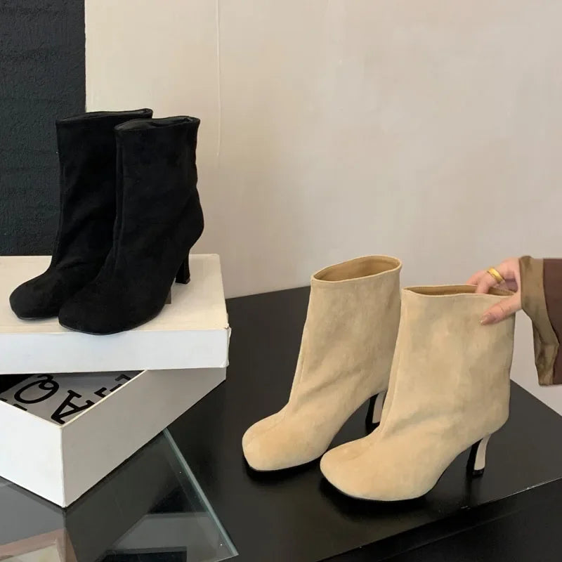 Eilyken Street Style Pleated Round Toe Women Ankle Boots Thin Heels Shoes Winter Concise Chelsea Short Botas Mujer LadyShow.Store