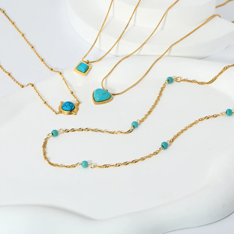 Stylish 18k Gold Plated Stainless Steel Blue Natural Stone Geometric Pendant Necklace for Women Waterproof  Collar Jewelry Gift Pi-Mart