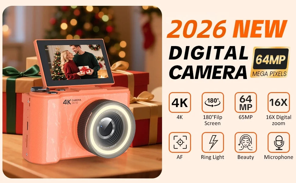 4K Digital Camera for Photography,4k Camera with Ring Light，180° Flip Screen Camera for Vlogging with Beauty Mode,Point and Shoot Digital Cameras for Beginner with SD Card，Christmas Gift Pi-Mart