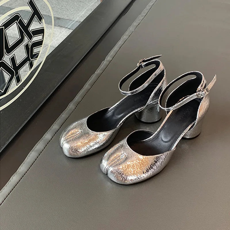 Modern Heels Pumps Women Round High Heel Leather Square Split Toe Pumps Shoes Spring Summer Sandals Mary Janes Shoes Heels Women LadyShow.Store