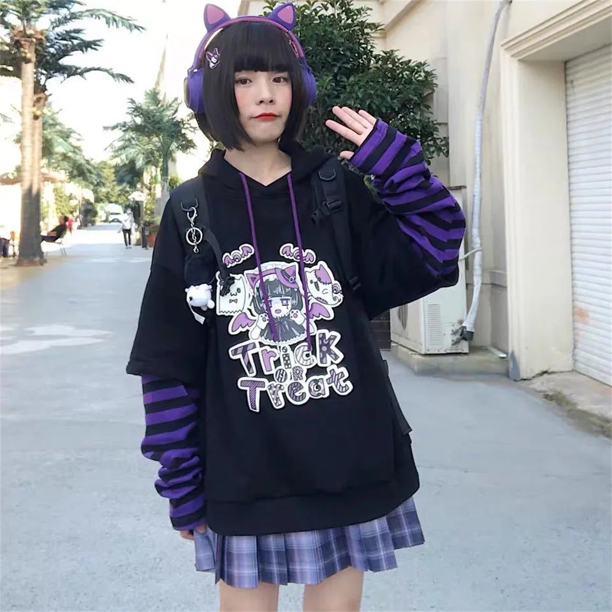 Cute Harajuku Patchwork Hoodie Streetwear Hip Hop Women Sweatshirts Casual Autumn High Street Tops Funny Harajuku Striped Hoodie LadyShow.Store