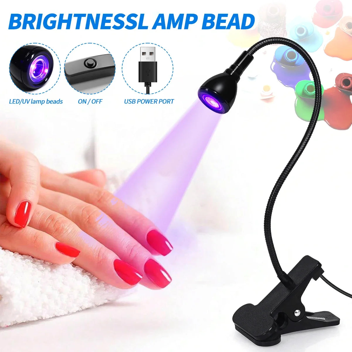 Nail LED UV Lamp for Drying Gel Nails Polish Clip-On Flexible Desk Mini Portable USB Nail Lamp UV Light Dryer for Manicure Salon Tri Light Beauty