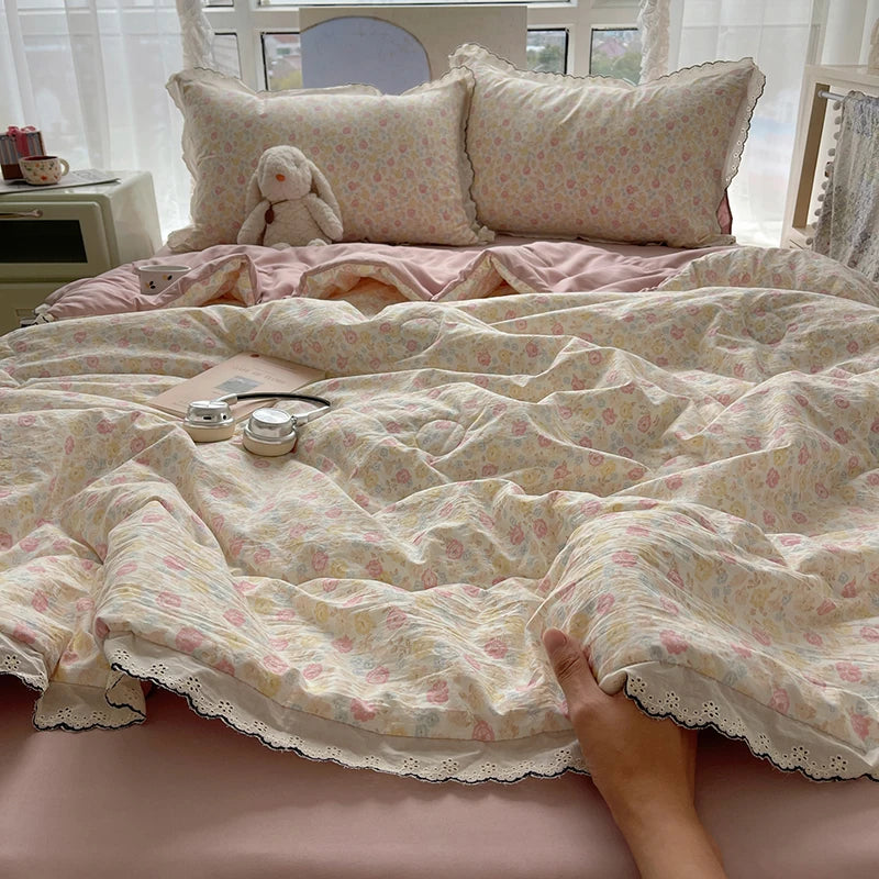 Summer Quilt Korean Style Duvet with Lace Single/Queen Size Comforter Flower Printed Quilted Blanket 여름이불 (No Pillowcase) Pi-Mart