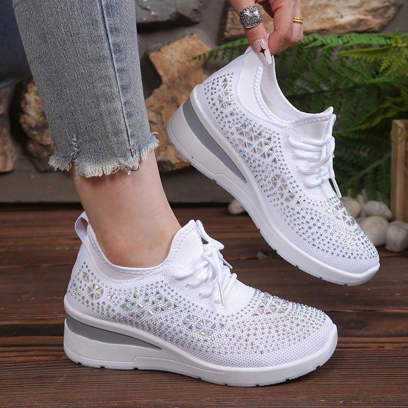 Women's Rhinestone Embellished Knit Mesh Wedge Sneakers, Adjustable Lace-Up Closure, Daily Walking Casual Footwear Pi-Mart