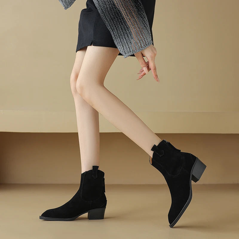 New 2025 Trend Autumn Winter Cow Suede Women Western Boots Black Brown Khaki Purple Green Burgundy Pointed Toe Lady Ankle Boots Pi-Mart