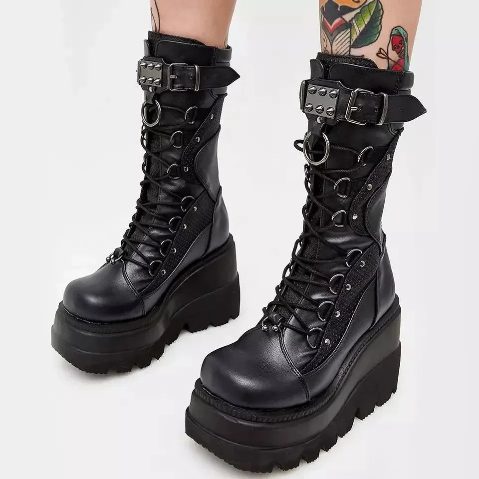 Brand New Ladies Goth Platform Boots Fashion Rivet Buckle Punk Wedges High Heels women's Boots Party Street Cosplay Woman Shoes Pi-Mart