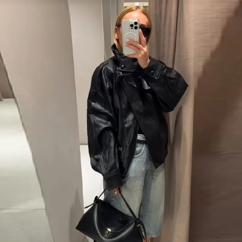 Stylish Pu Leather Jacket Stand-collar Loose Long Sleeved Coat Cool Casual Chic Versatile Outerwear New Autumn Women Streetwear LadyShow.Store