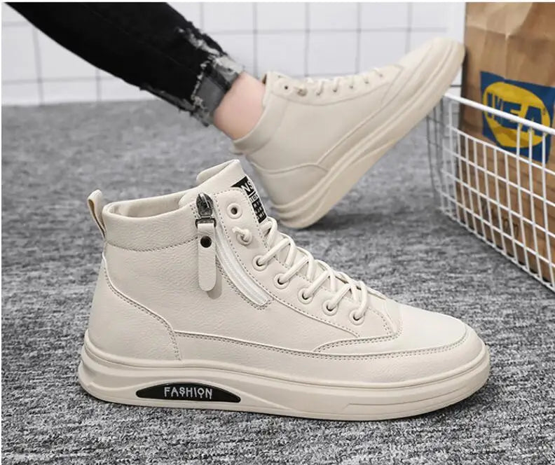 Men Boots Autumn High Top Leather Casual Shoes Fashion Cotton Shoes Flat Ankle Boots Business Outdoor Shoes Man Sneakers New Pi-Mart
