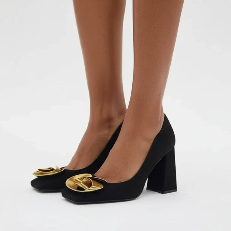Vintage Elegant Women's Pumps Black Suede Leather Square Toe Block Heel, Gold Metal Flower Buckle Office Party Dress Shoes LadyShow.Store