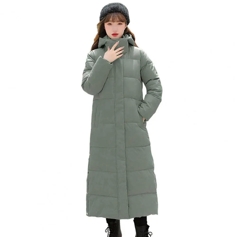 2024 Oversized Coat Hooded Long Sleeve Pockets Side Slit Hem Down Jacket Pockets Thickened Long Warm Down Cotton Outwear LadyShow.Store