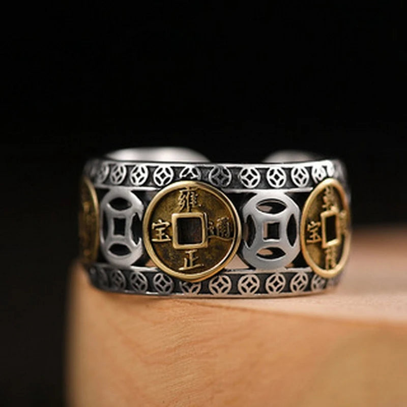 Chinese Feng Shui Pixiu Ring Silver Plated Copper Coins Adjustable Rings for Women Men Amulet Wealth Lucky Jewelry Birthday Gift Pi-Mart