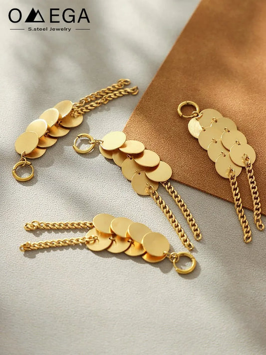 Stainless Steel Dangle Earrings For Women 18k Gold Plated Waterproof Non Tarnish Women's Glossy Sheets Chains Tassel Earring Pi-Mart