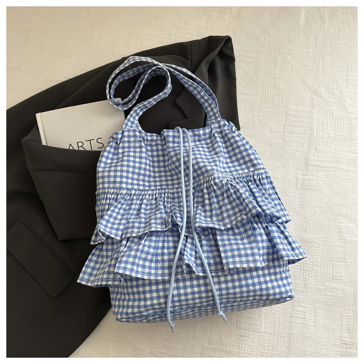 Large Capaci Cute Plaid Cotton Tote Bag  Lace Trim Women's Summer 2025 Simple Lady Handbag Soft Shoulder Bags Bolsa Feminina Pi-Mart
