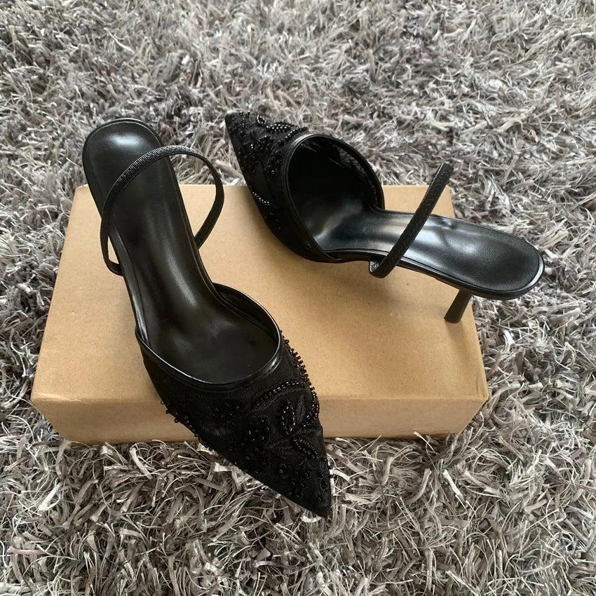Black Embroidered Mesh Slingback High Heels Sandals for Women Designer Shoes Woman Elegant Style Wedding Party Pumps LadyShow.Store