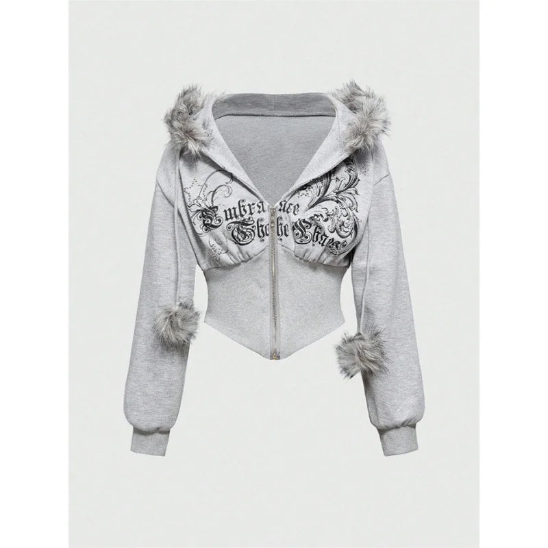 Winter Warm Gothic Print Hoodie Women's Clothin Faux Fur Crop Top Zip-Up Sweatshirt Fashion Y2K Streetwear Hooded Jacket 2026New LadyShow.Store