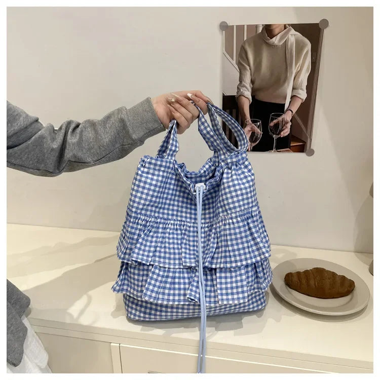 Large Capaci Cute Plaid Cotton Tote Bag  Lace Trim Women's Summer 2025 Simple Lady Handbag Soft Shoulder Bags Bolsa Feminina Pi-Mart