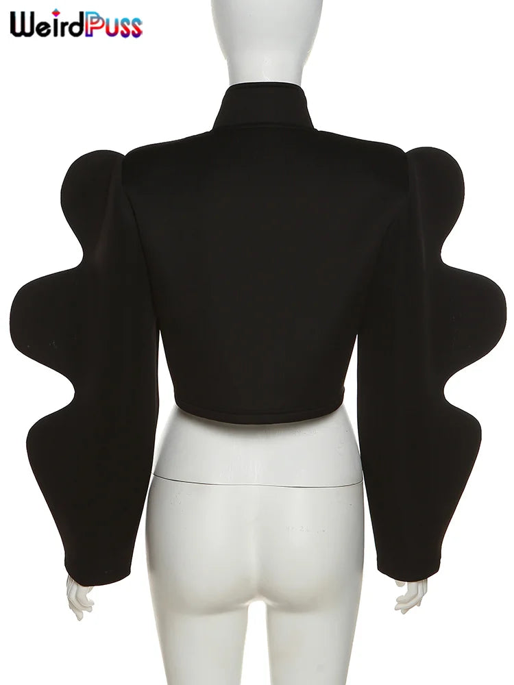 Weird Puss Fashionable Special Sleeve Jacket Women Y2K Autumn Warmth Solid Single-Breasted Wild Street Causal Short Outwear Coat LadyShow.Store