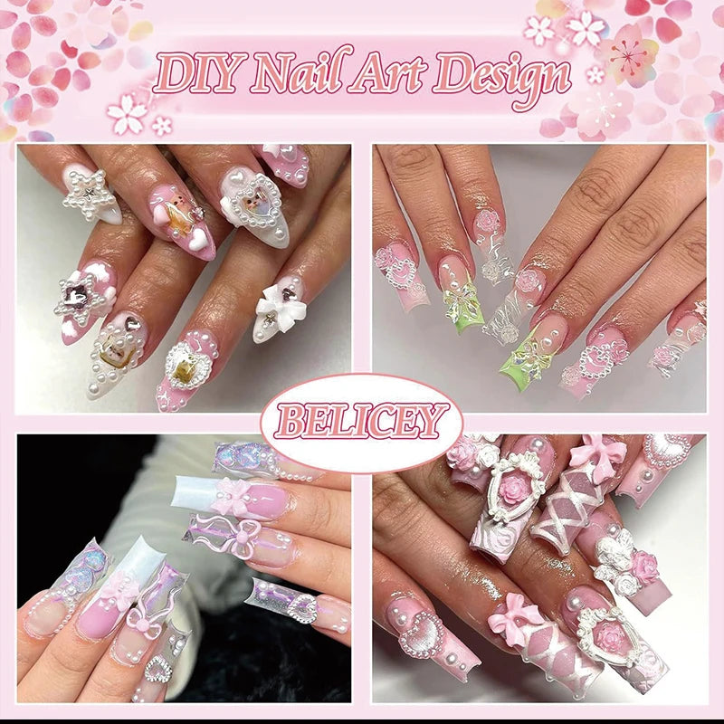 24-Piece 3D Y2K Millennial Nail Art Decoration Set, Assorted Rhinestones, Pearls, Butterfly, Heart & Flower DIY Nail Charms Pi-Mart