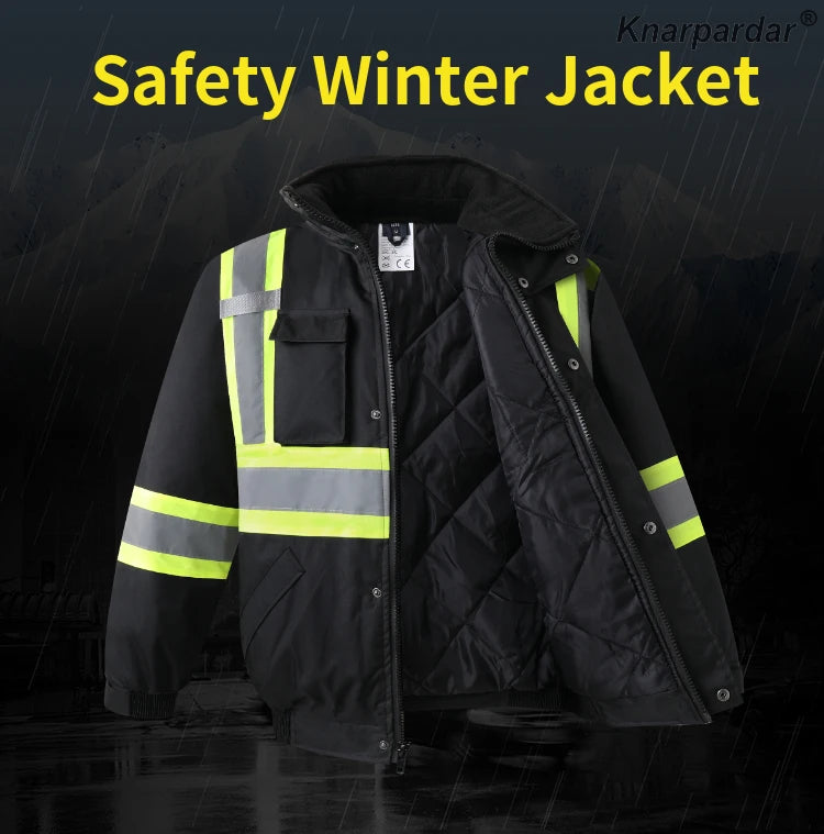 Winter Black Jacket High Visibility Warm Jacket for Men With Customized Logo Waterproof Jacket Reflective Parka Jacket Workwear Pi-Mart