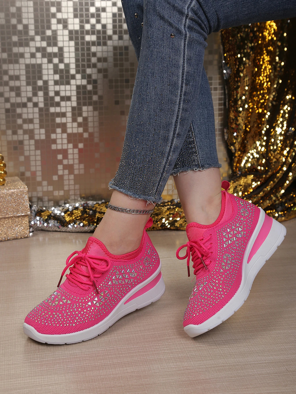 Women's Rhinestone Embellished Knit Mesh Wedge Sneakers, Adjustable Lace-Up Closure, Daily Walking Casual Footwear Pi-Mart