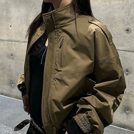 Vintage Cropped Jackets Women Harajuku Casual Slim Fit Zipper Coat Y2K Streetwear Long Sleeve Outerwear Autumn New Arrival Pi-Mart