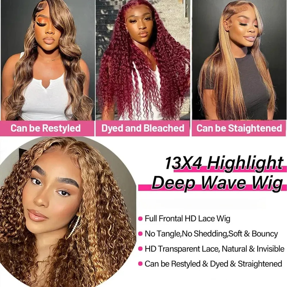 Highlight Curly Wig 13x4 Lace Front Wig Human Hair Wigs Glueless HD Deep Wave Lace Frontal Wig 4/27 Colored Wigs PrePlucked LadyShow.Store