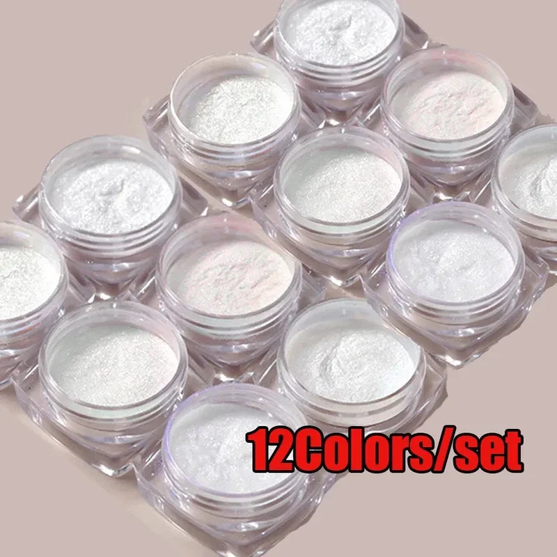 12Pcs/Set Aurora White Nail Mirror Powder 0.3g/Jar Shimmer Moonlight Chrome Pigment Dust for UV Gel Polish Manicure Decorations Tri Light Beauty