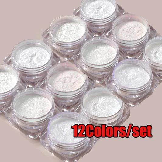 12Pcs/Set Aurora White Nail Mirror Powder 0.3g/Jar Shimmer Moonlight Chrome Pigment Dust for UV Gel Polish Manicure Decorations Tri Light Beauty