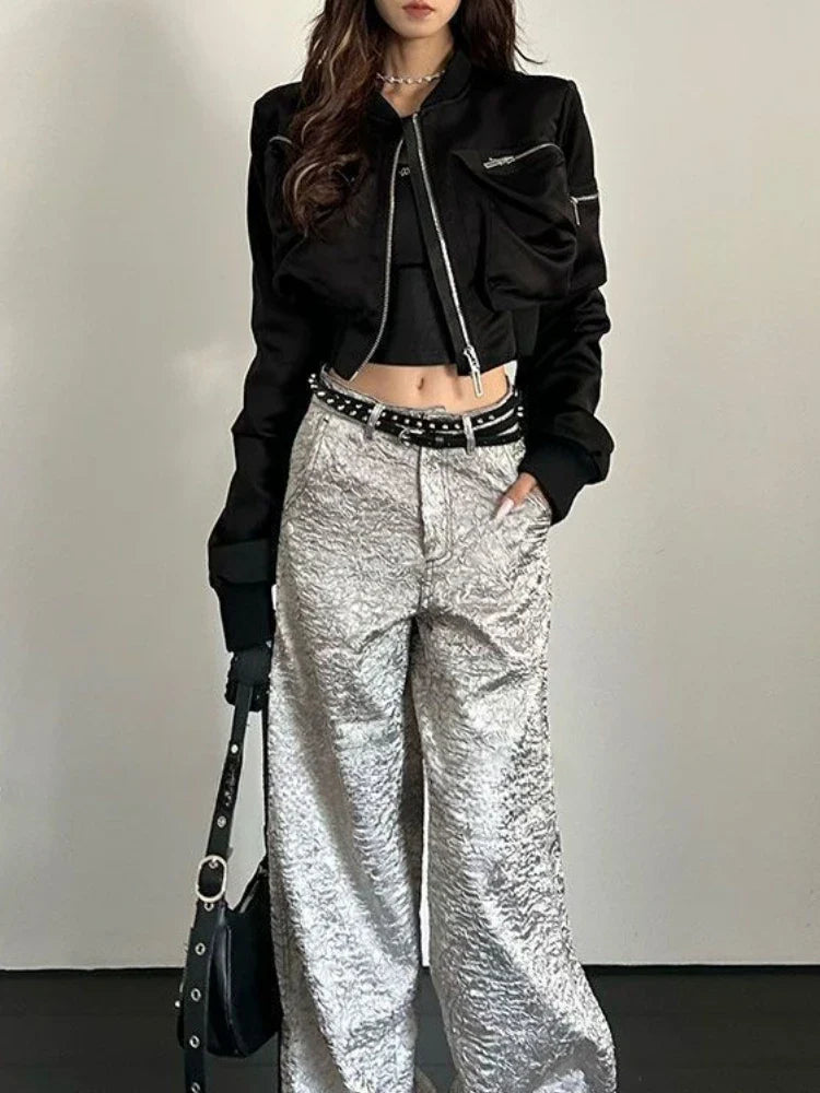 Y2k Bomber Jacket Women Baseball Jersey Jacket Zip Cropped Coat High Waist Spring Autumn Long Sleeve Outerwear Trend Tops Black LadyShow.Store