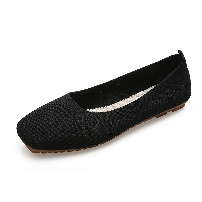 Women Leisure Flats Summer Autumn Flat Shoes Breathable Knitted Square Toe Slip-on Female Daily Walking Driving Loafers Pi-Mart