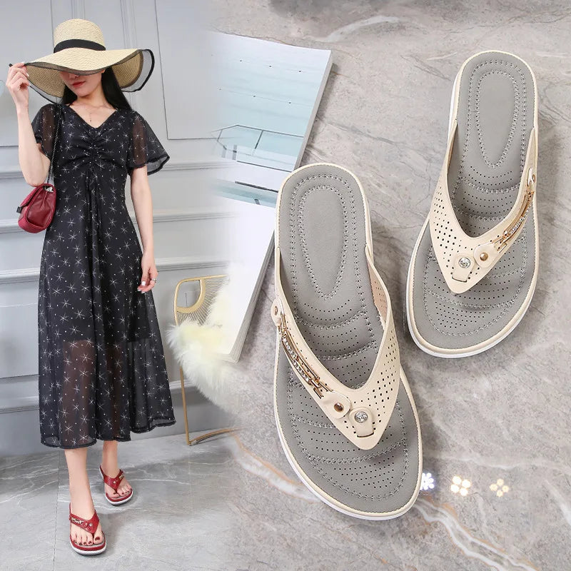 2023 Women's Slippers Summer New Fashion Metal Button Slides Shoes Wedge Beach Sandals Women Outside Platform Leisure Flip Flops Pi-Mart