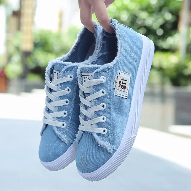 2024 Spring Summer Women Canvas Sneaker Low Top Denim Sneakers Ladies Lace-Up Flat Canvas Board Shoes Female Sapatos Femininos Pi-Mart