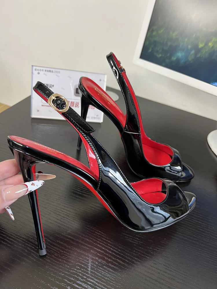 Black Fish Mouth Open toed Ultra High Heels 12cm Rear Tripstrap Thin Heel European and American Sexy Women's Large Sandals Pi-Mart