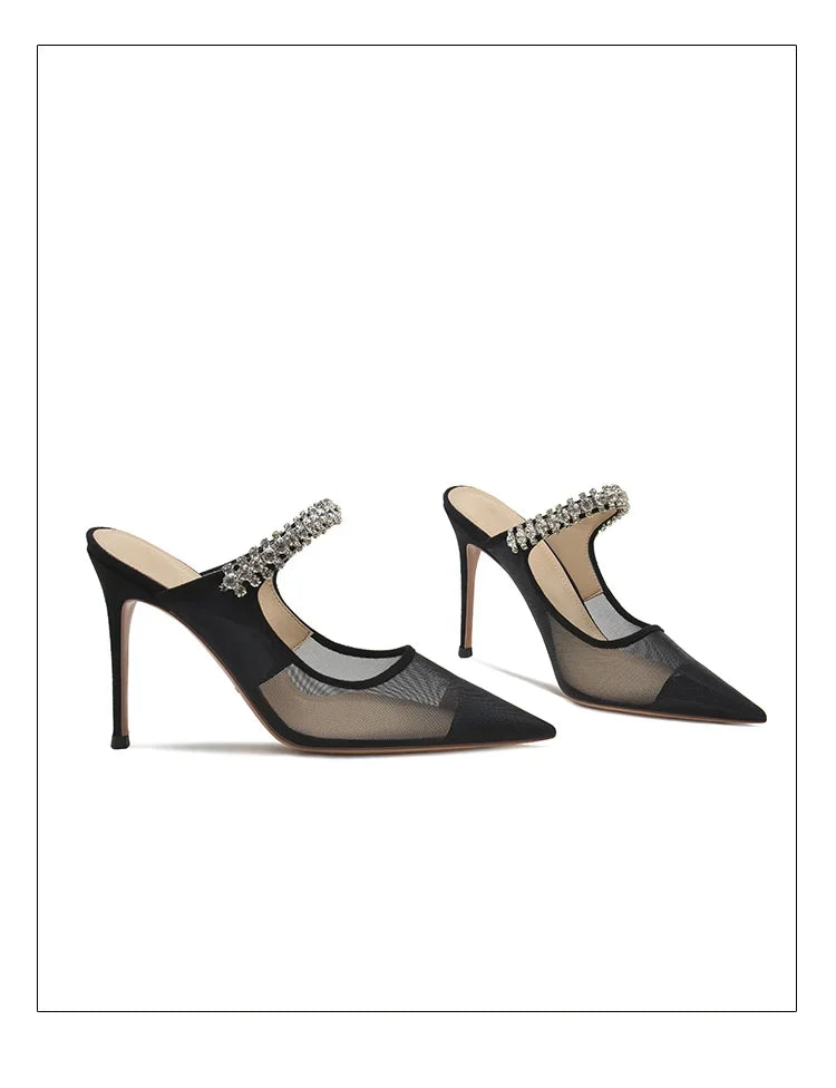 New Fashionable Thin Heel Pointed Water Diamond Mesh Hollow Sandals with Design Sense Half Dragged Muller Shoes ForOuterwear Pi-Mart
