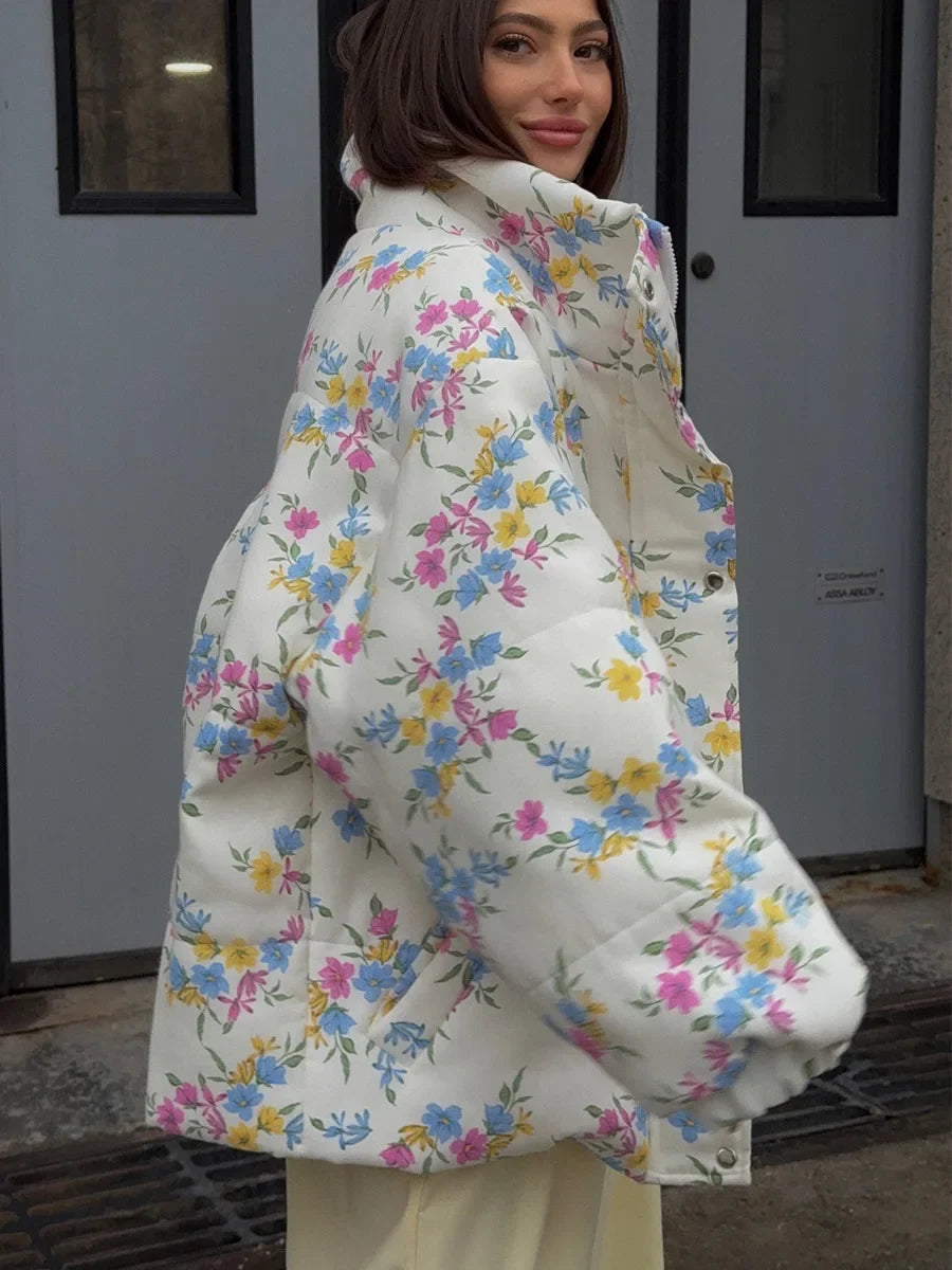 Bornladies New Women's Puffer Jacket Stand Up Collar Zipper Closure Floral Print Warm Cotton Filled Coat Oversized Autumn Winter LadyShow.Store