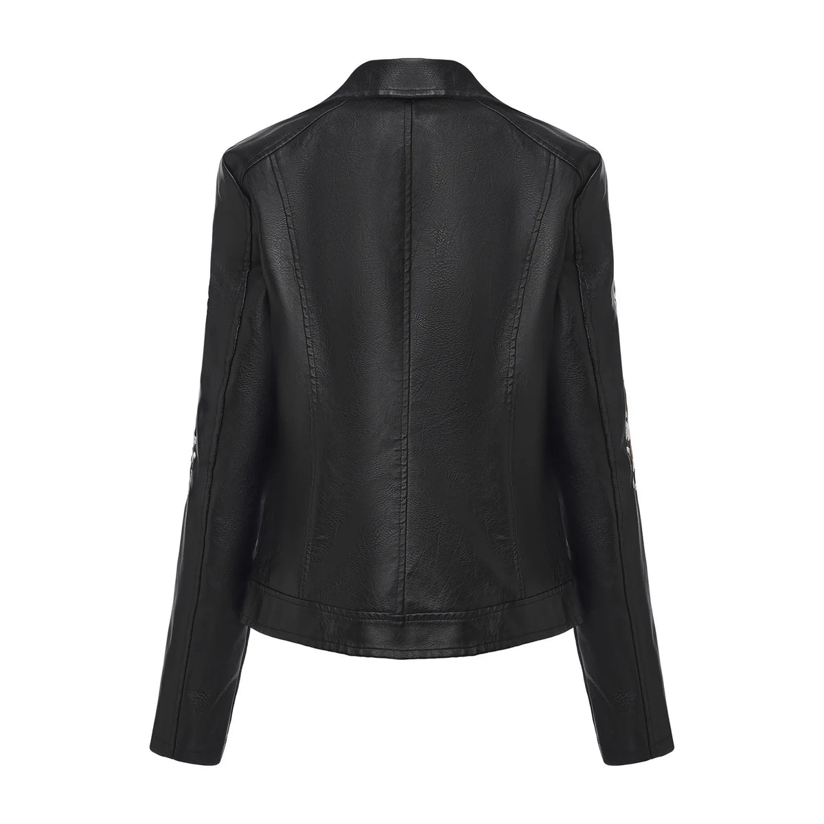 New Fall Women's Black Faux Leather Jacket; White Floral Embroidered PU Coat; Dark Brown Motorcycle-style Top. Pi-Mart