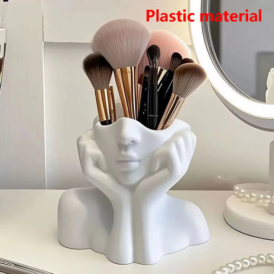 Makeup Brush Holder,Human Face Art Desktop Decoration,Vase,Compatible with Makeup,Eyebrow Pencils,Home Organizer,Plastic Material Tri Light Beauty