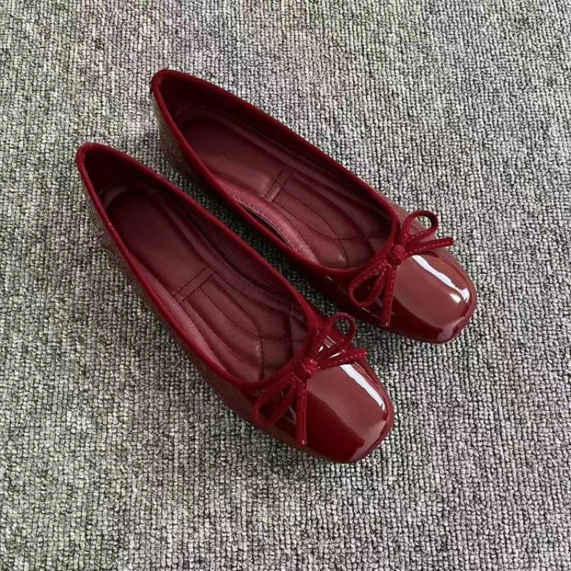 2026 New Women's Patent Leather Bow Ballet Flats, Square Toe Soft Sole Slip-on Casual Shoes for Spring Summer LadyShow.Store
