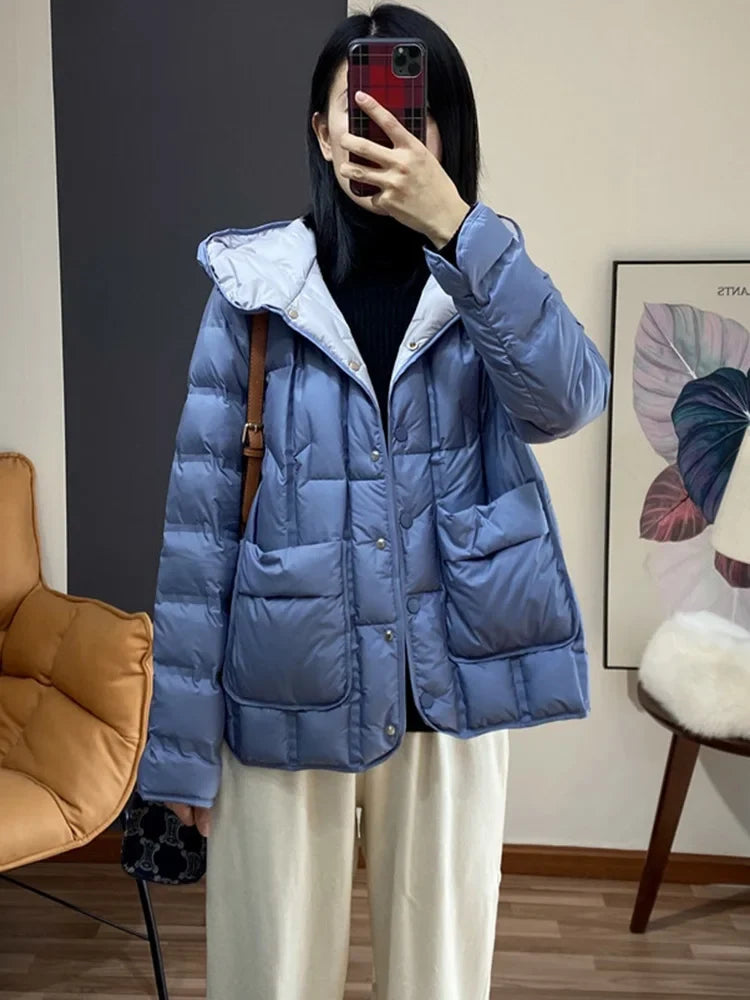 Winter Women 90% White Duck Down Coat Female Stand Collar Single-Breasted Puffer Jacket Casual Loose Hooded Parkas Coat Women LadyShow.Store