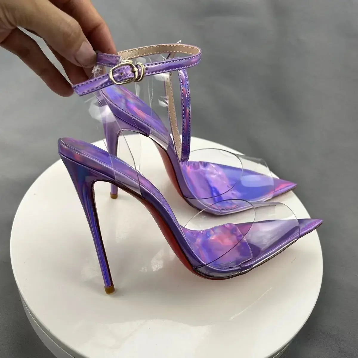 New European and American electric purple ultra soft transparent PVC sandals with straight stripes and slim heels, 12cm sexy Pi-Mart