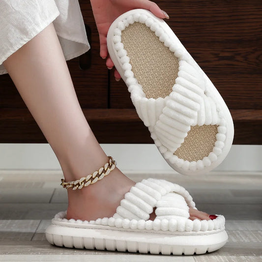 2024 Autumn Winter New Women Home Slippers Open-Toe Cross Band Linen Soled Indoor Slides Linen Soled Non-Slip Bathroom Slippers Pi-Mart