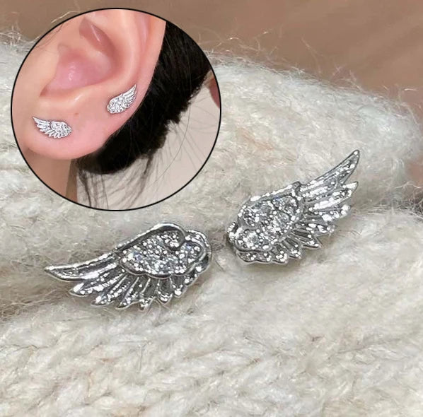 Fashion Zircon Wing Stud Earrings for Women Luxury Shiny Crystal Creative Angel Wings Cross Silver Color Ear Studs Jewelry Gifts Pi-Mart