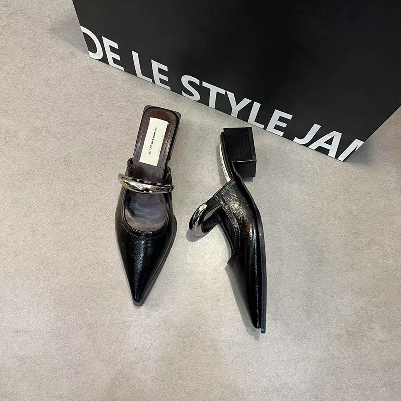 Summer Women Cover Toe Mules Slippers Fashion Metal Decoration Thick Heel Slide Shoes Comfort Street Style Footwear LadyShow.Store