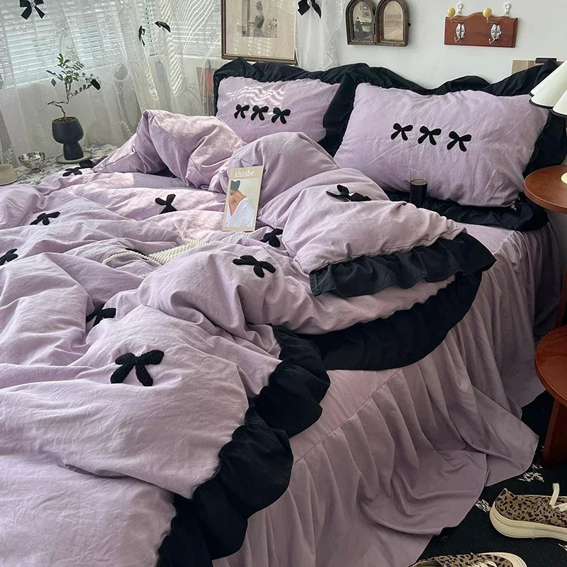 Black Bow Cotton Bedding Set, Princess Style Cute Girl Skin Friendly Soft Duvet Cover, Bed Sheet or Bed Skirt Pillowcase Pi-Mart