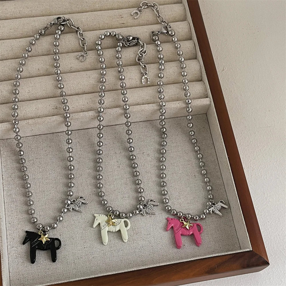 LATS White Black Green Blue Pink Color Enamel Colt Horse Pendant Necklaces for Women Silver Plated Alloy Beads Chain Chokers Pi-Mart